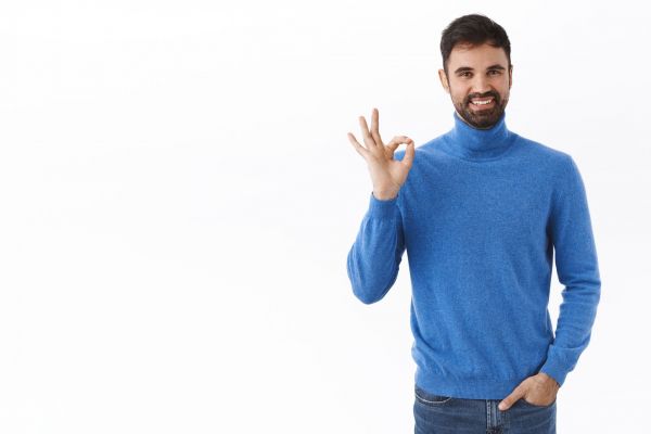 Everything under control. Portrait of successful happy caucasian, male entrepreneur with beard, show alright, okay gesture and smiling pleased, recommend good quality product, white background.