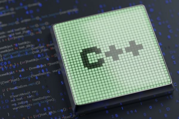 C code on a monochrome screen on a dark background. 3d render..